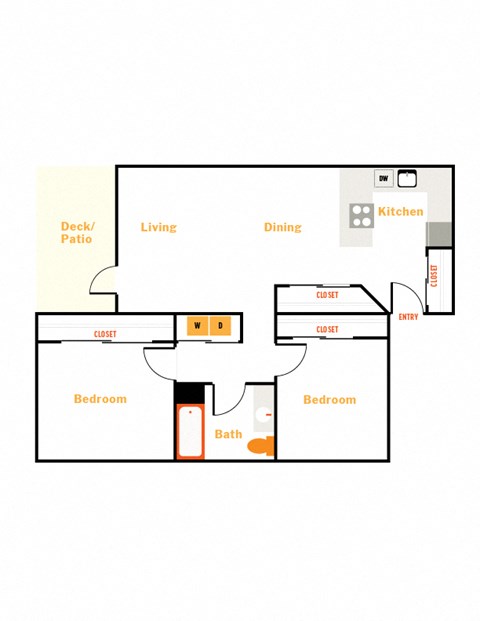 Floor plan for 2 beds, 1 bath, 955 sqft